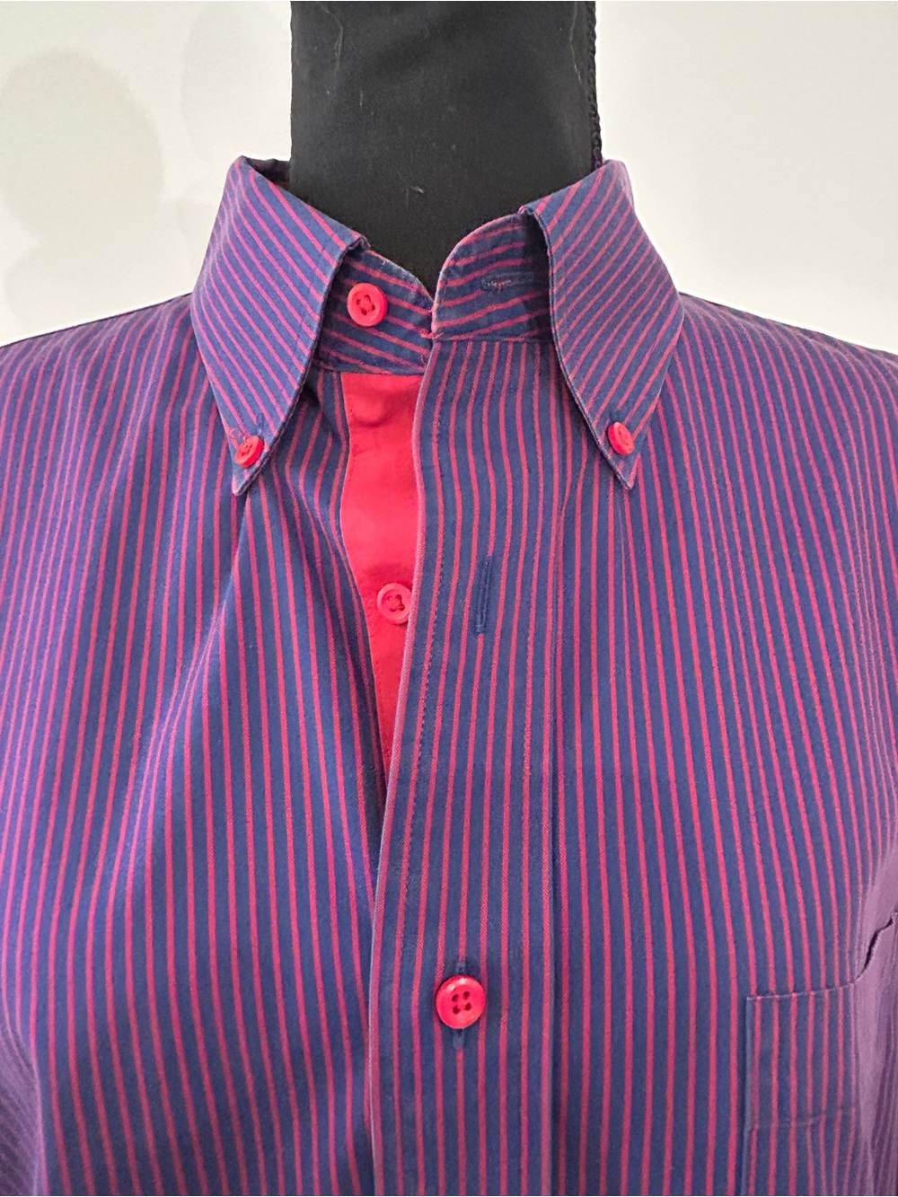 Paul Fredrick 17x34 Non-Iron Two-Ply Cotton Navy Red Stripe Shirt